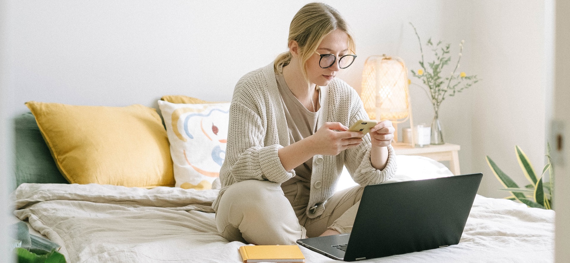 woman working on comfortable mattress